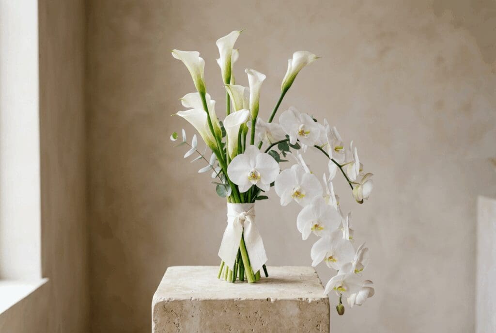 Minimalist white bridal bouquet for a modern PNW wedding featuring calla lilies, orchids, and soft greenery, styled on a stone pedestal for a clean 2026 inspired look.

