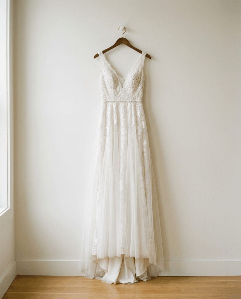 Simple bridal portrait of an ivory lace wedding dress for a PNW fall celebration hanging on a wooden hanger against a clean white wall and warm wood floor.

