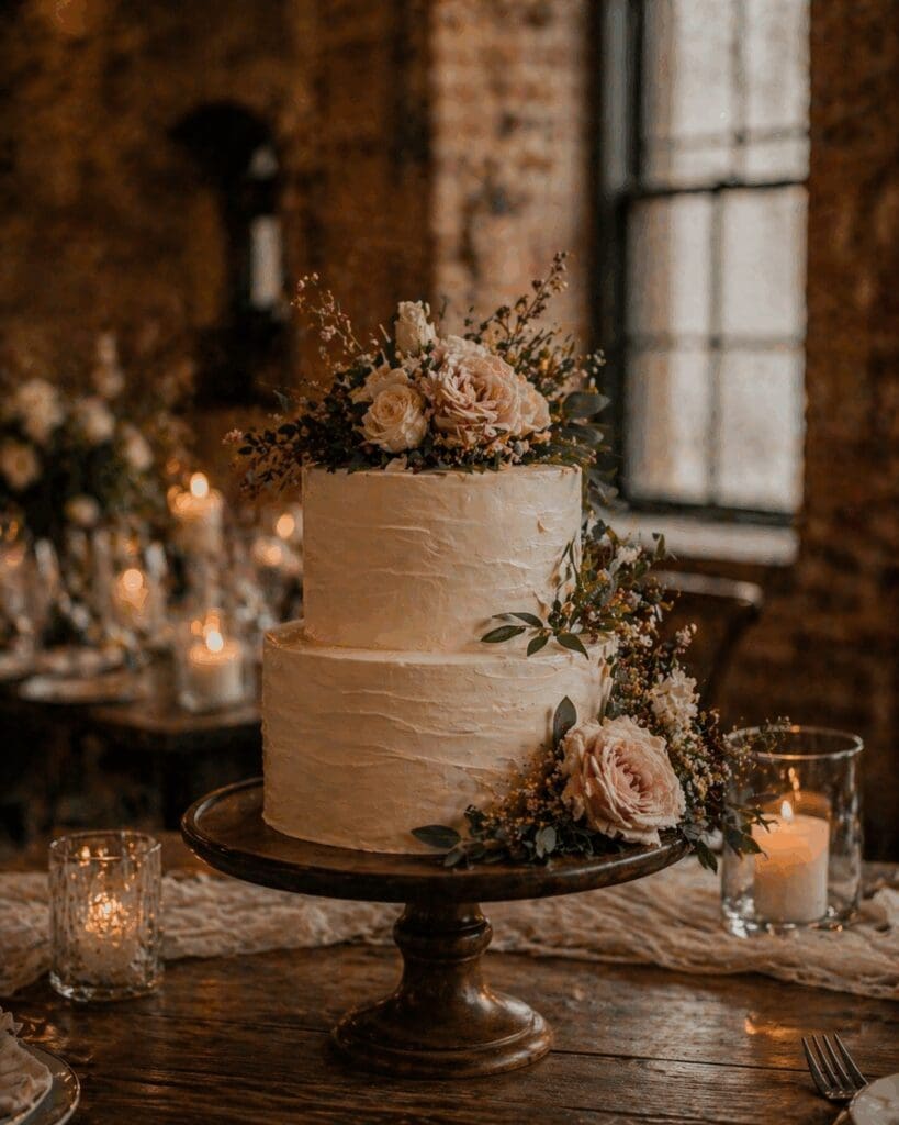 Simple wedding cake with floral details at Willamette Heritage Center Dye House reception in Salem Oregon with candlelit rustic styling