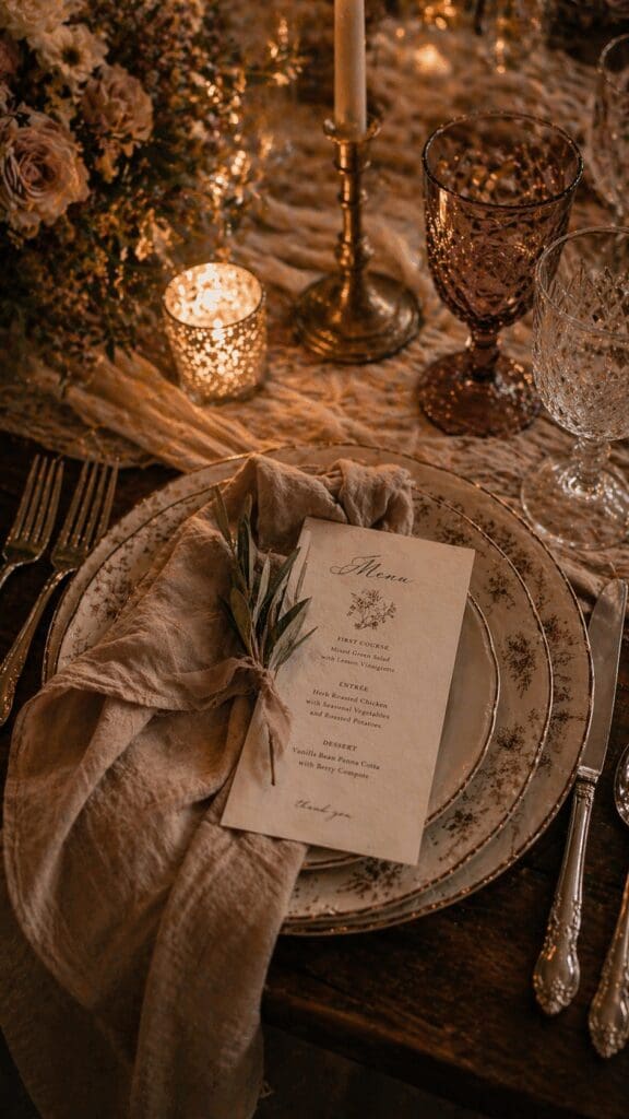 Close up of wedding place setting with menu card, textured linen napkin, and candlelight on a wooden table in a historic Salem Oregon venue