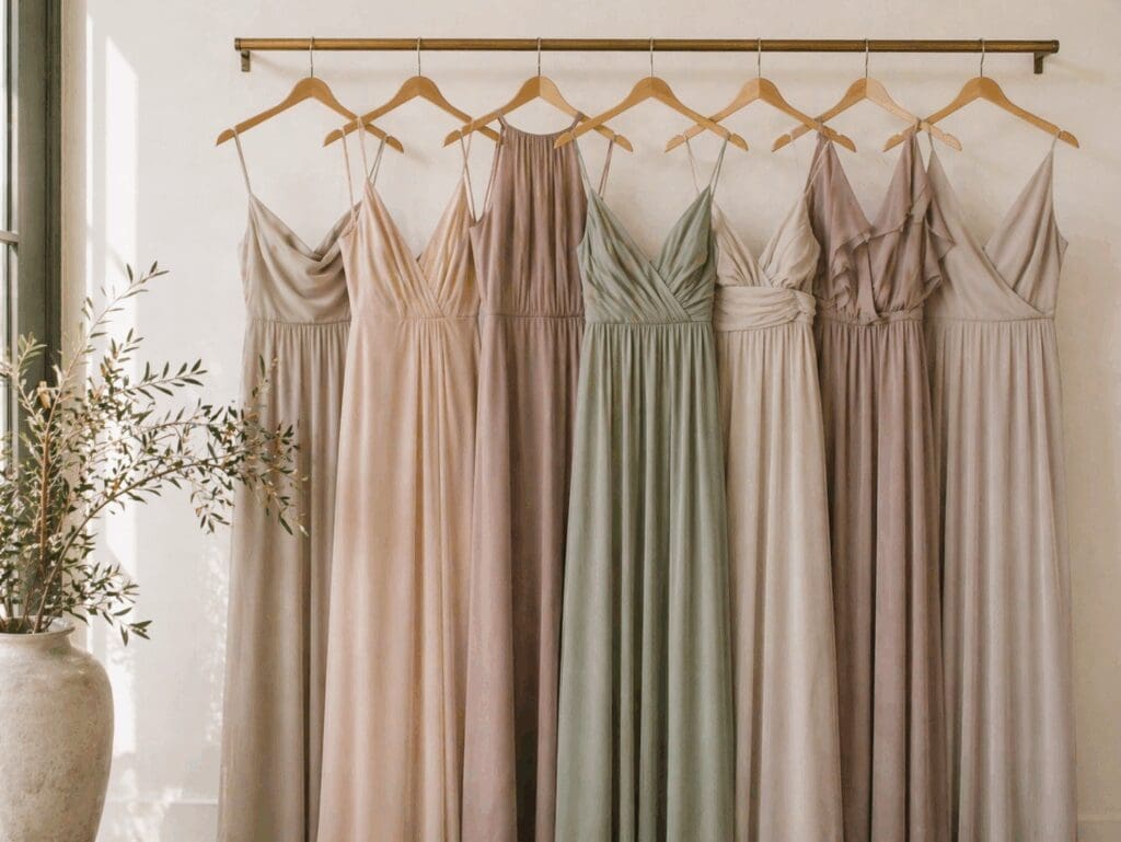 Bridesmaid dresses in muted tones hanging together with a cohesive color palette in a soft, natural light setting for a vineyard wedding in Salem Oregon