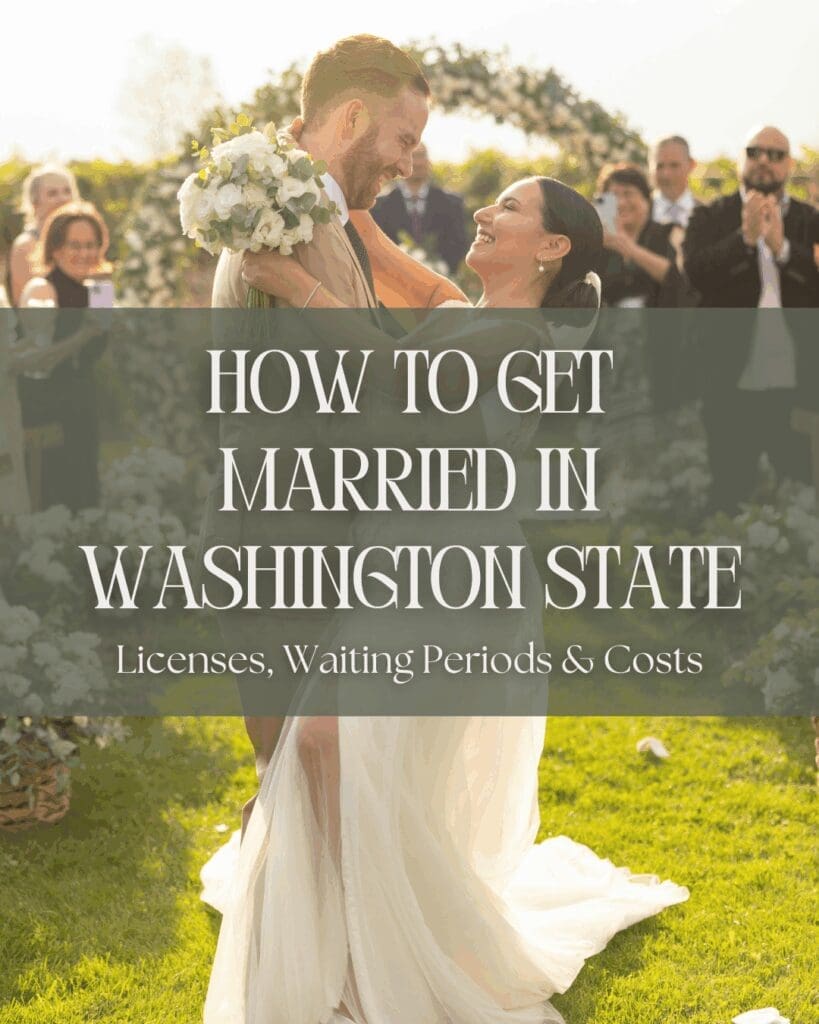 Happy couple embracing in sunny outdoor garden wedding ceremony in Washington State with guests watching
