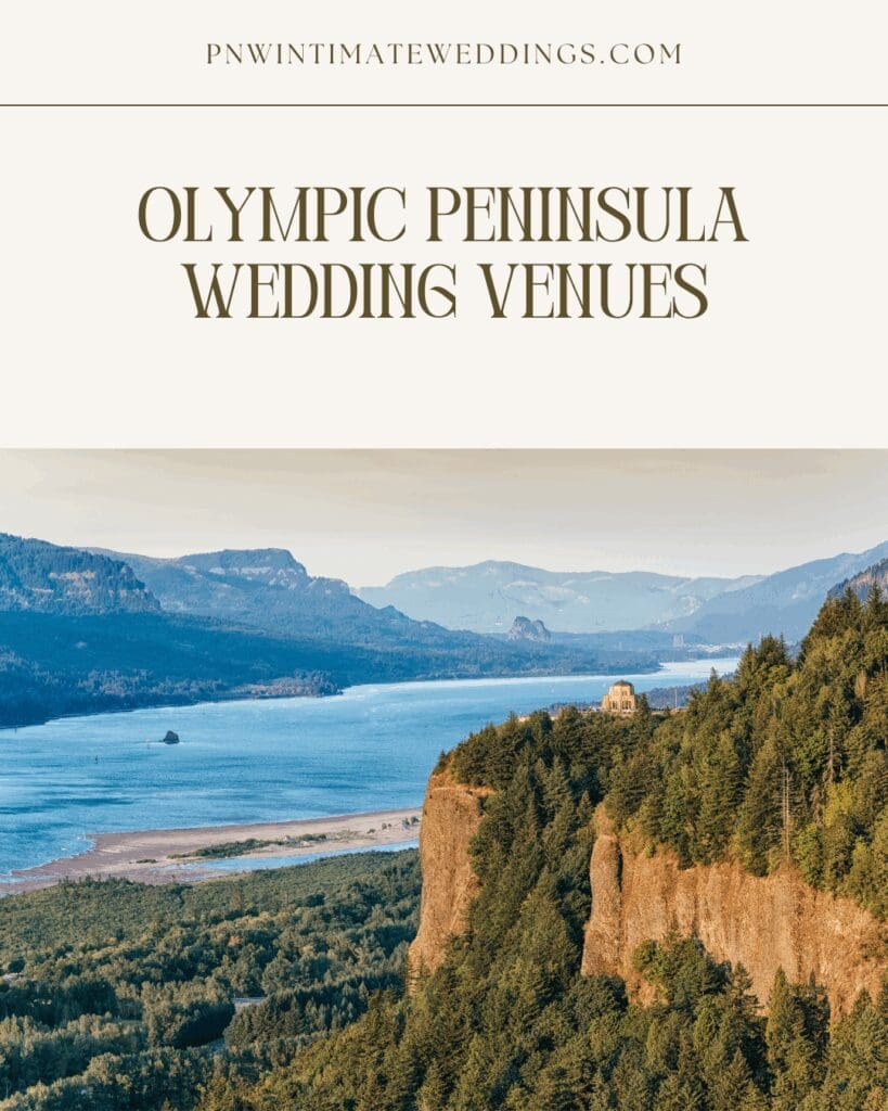 Crown Point Vista House perched above the Columbia River Gorge canyon with forested cliffs and blue river views, a scenic Pacific Northwest wedding venue in Oregon
