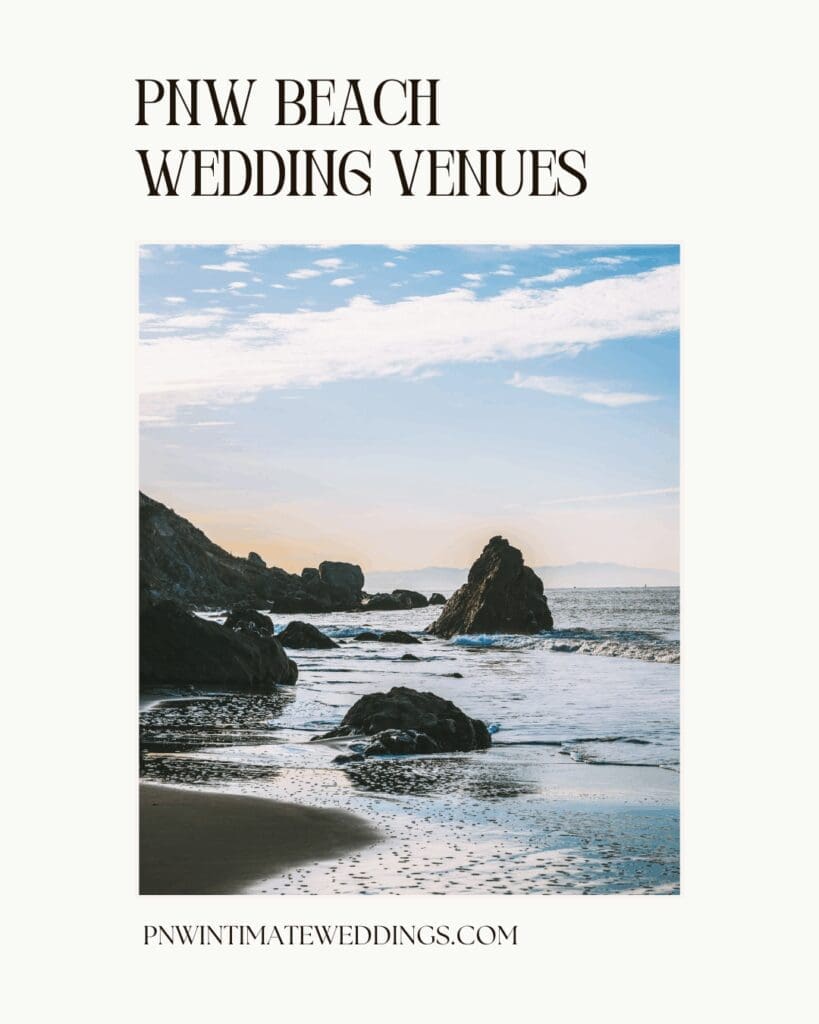 Rocky sea stacks and sandy beach at sunset on the Pacific Northwest coast, an intimate outdoor elopement and wedding venue location in Oregon or Washington