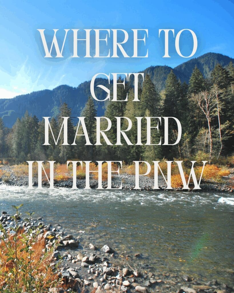 Rocky river with fall foliage and evergreen mountains in the Olympic Peninsula Washington, a stunning Pacific Northwest wedding and elopement location