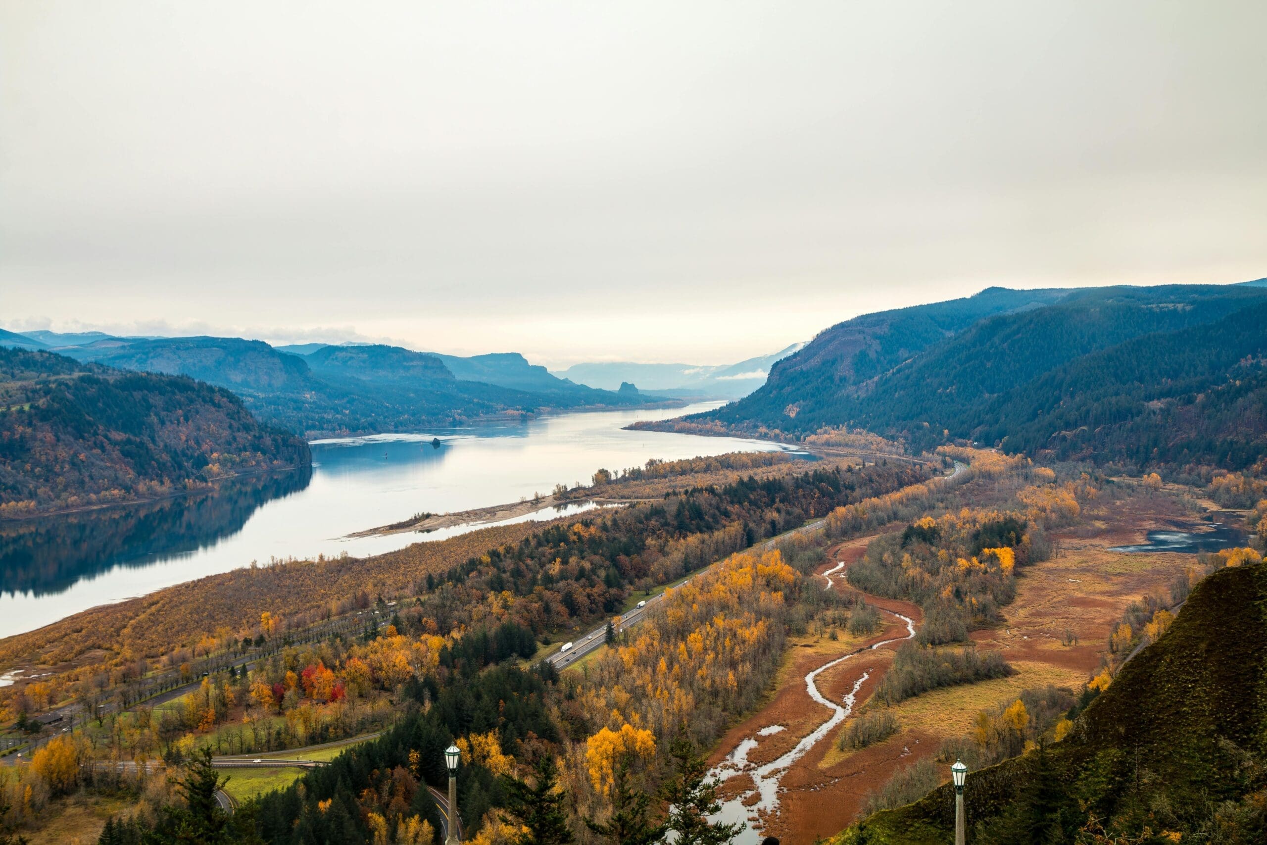 Aerial view of Columbia River Gorge in autumn with golden fall foliage, canyon cliffs, and the Columbia River below, Oregon elopement location