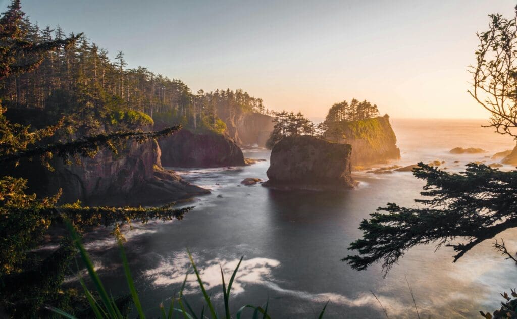 Rocky sea stacks and Pacific coastline at golden sunset on the Olympic Peninsula, Washington, an intimate elopement location