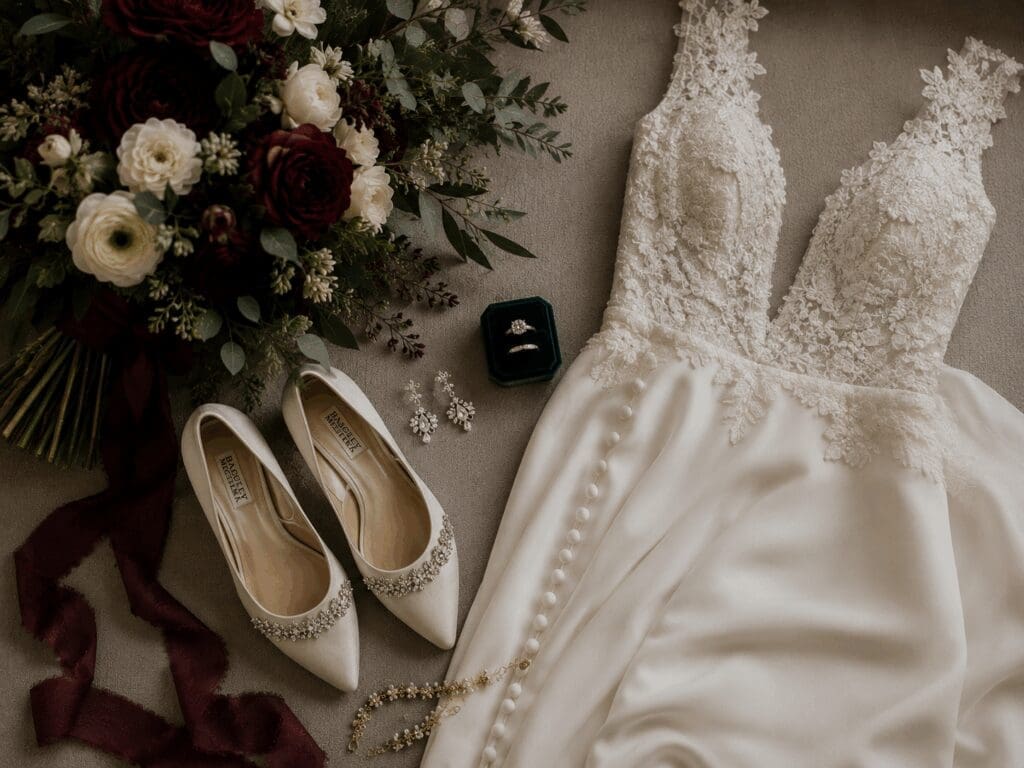 Ivory lace wedding dress, burgundy and ivory bouquet, jeweled shoes, and rings styled together for Twilight-inspired Olympic National Forest wedding details.