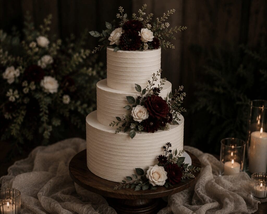 Three-tier ivory wedding cake decorated with burgundy and ivory flowers and greenery, surrounded by candles for a Twilight-inspired Olympic National Forest wedding.
