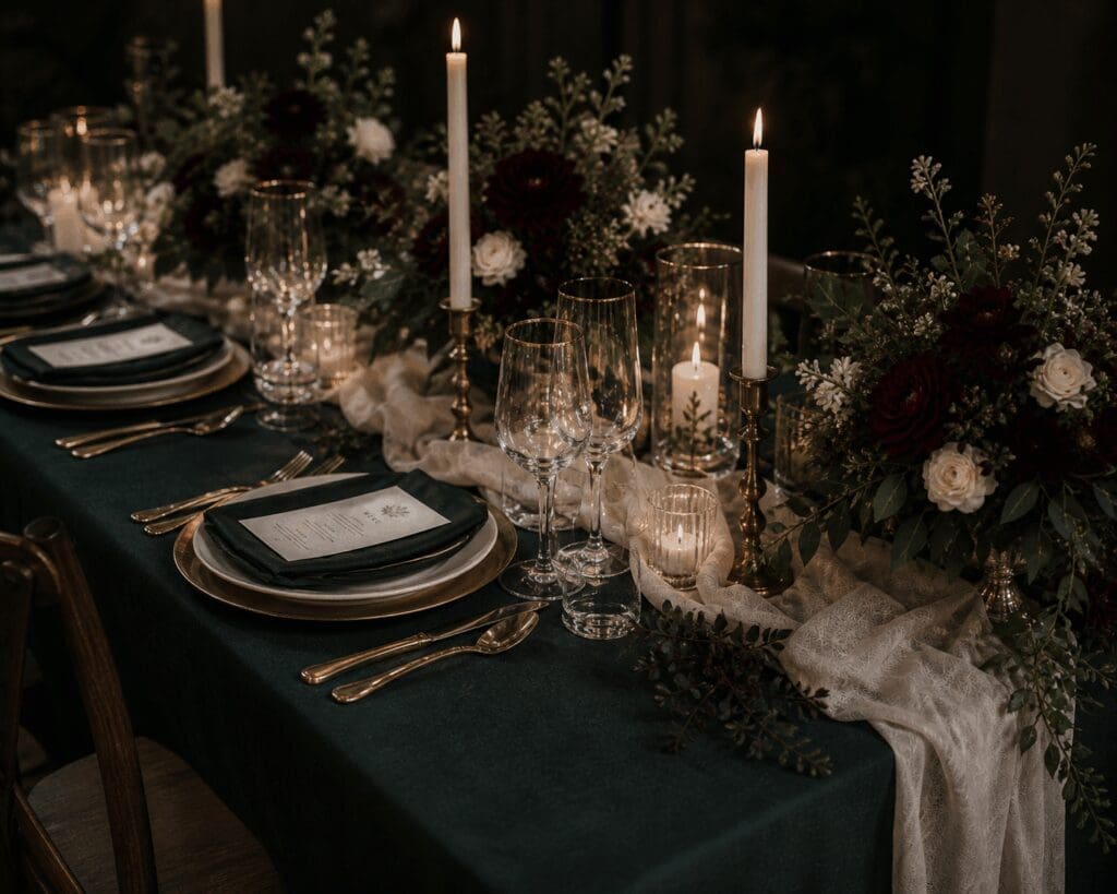 Long reception table with dark green linens, candles, and burgundy and ivory floral arrangements, styled for a Twilight-inspired Olympic National Forest wedding dinner.