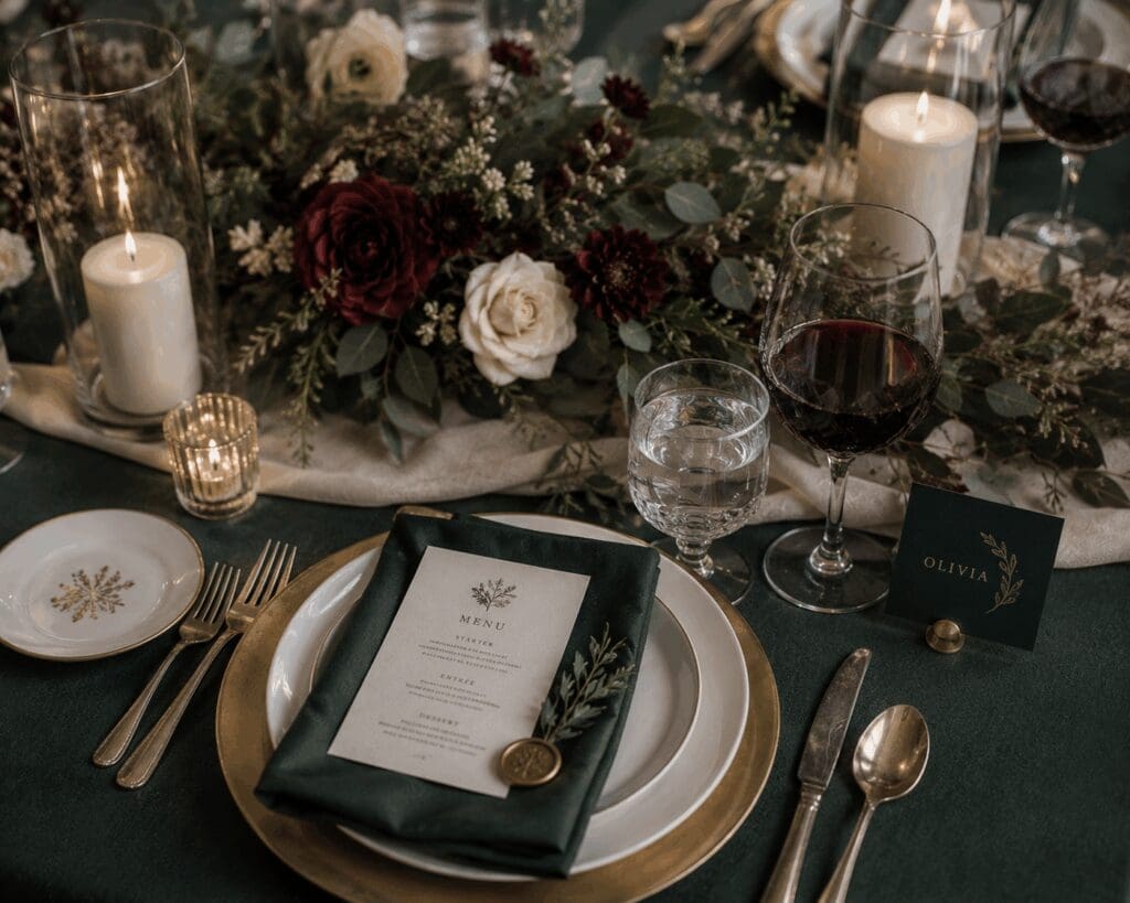 Green and gold wedding place setting with burgundy and ivory florals, candles, and a menu card styled for a Twilight-inspired Olympic National Forest wedding.