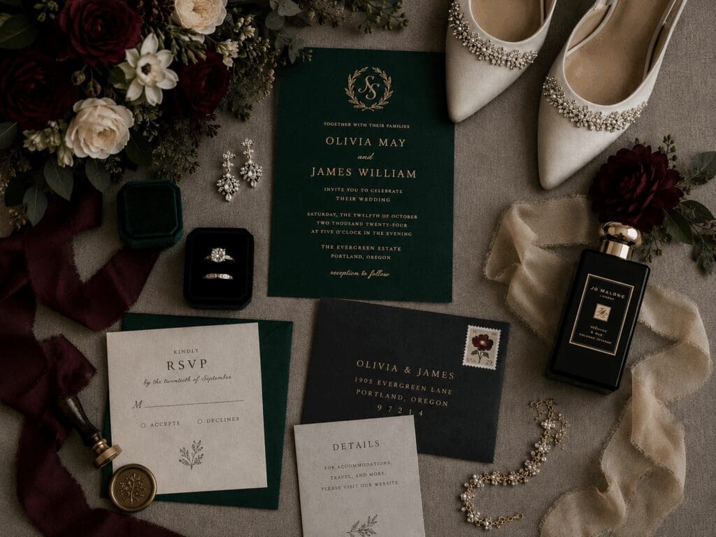 Flatlay of deep green and burgundy wedding invitations, jewelry, perfume, and shoes, styled for a Twilight-inspired Olympic National Forest elopement.