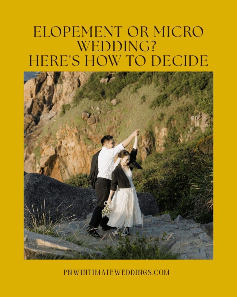 Couple celebrating on a scenic coastal overlook featured in a guide comparing elopements and micro weddings
