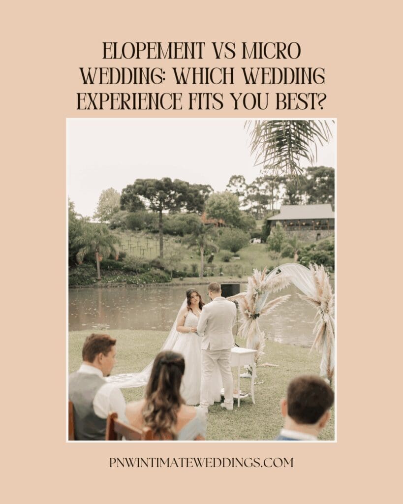 Elopement vs micro wedding comparison featuring an intimate outdoor wedding ceremony with guests gathered by a lakeside setting