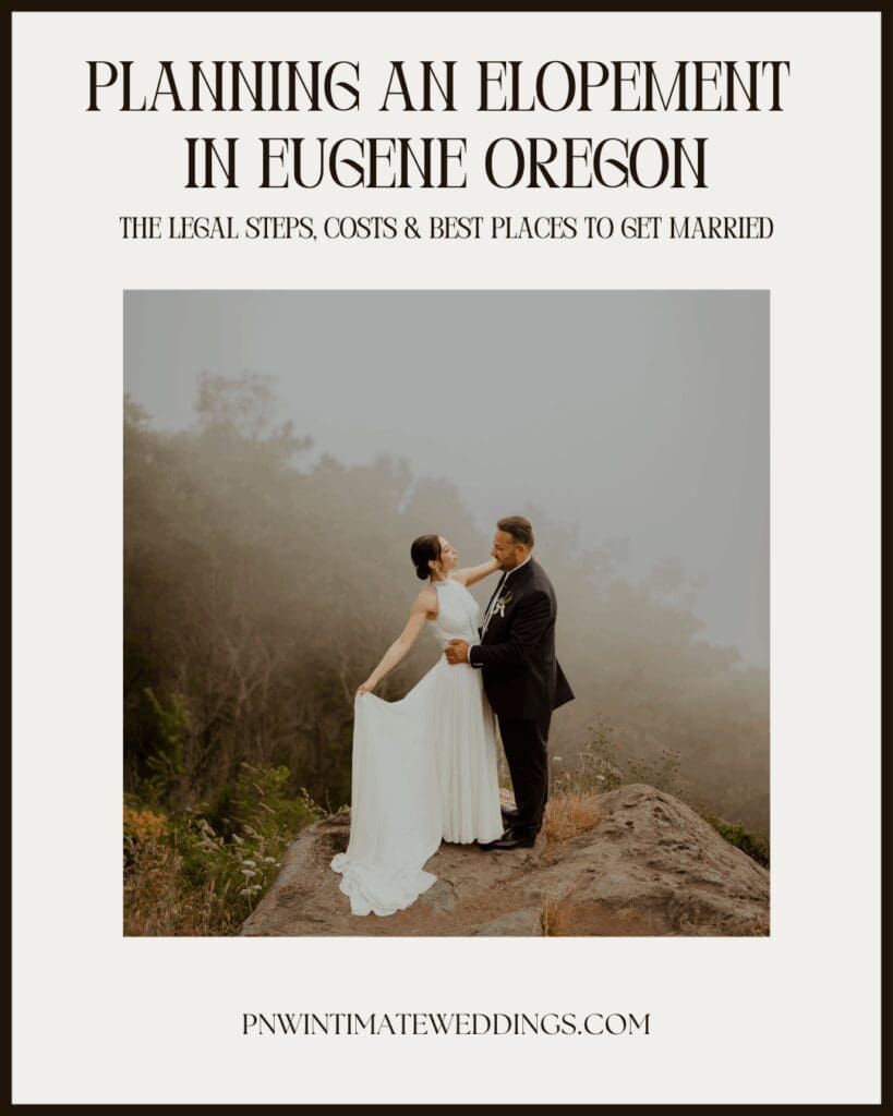 Bride and groom standing together on a scenic overlook during an intimate elopement near Eugene Oregon.