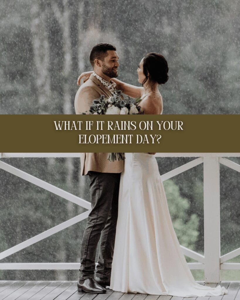 Bride and groom embracing during heavy rain at an outdoor ceremony, featured in a Pacific Northwest elopement weather and backup planning guide.