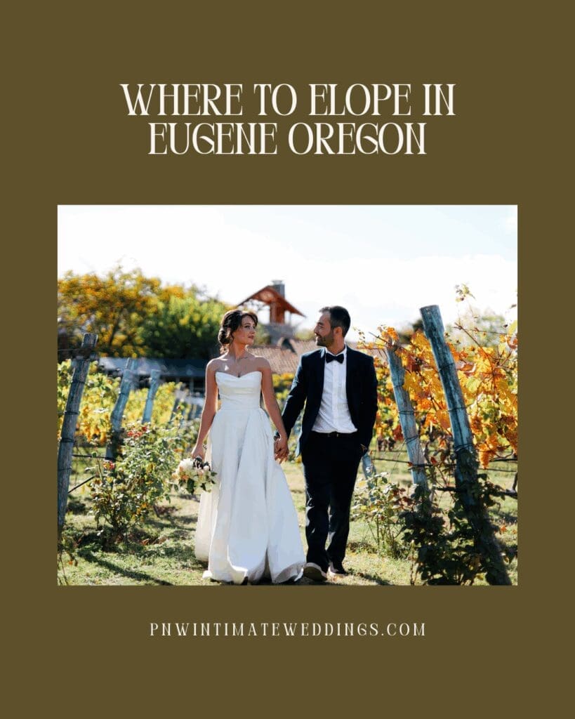 Newlywed couple walking through a vineyard during a Eugene Oregon elopement at a countryside wedding venue.