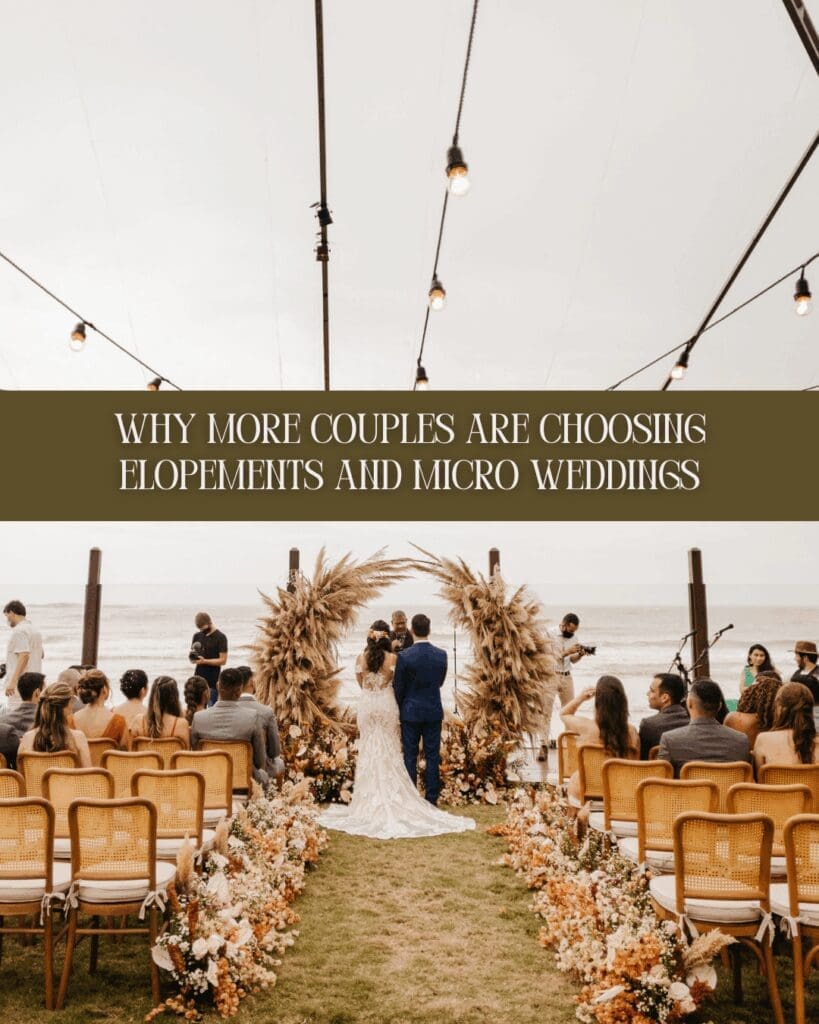 What is a PNW micro wedding graphic featuring a couple celebrating together along a coastal cliffside trail