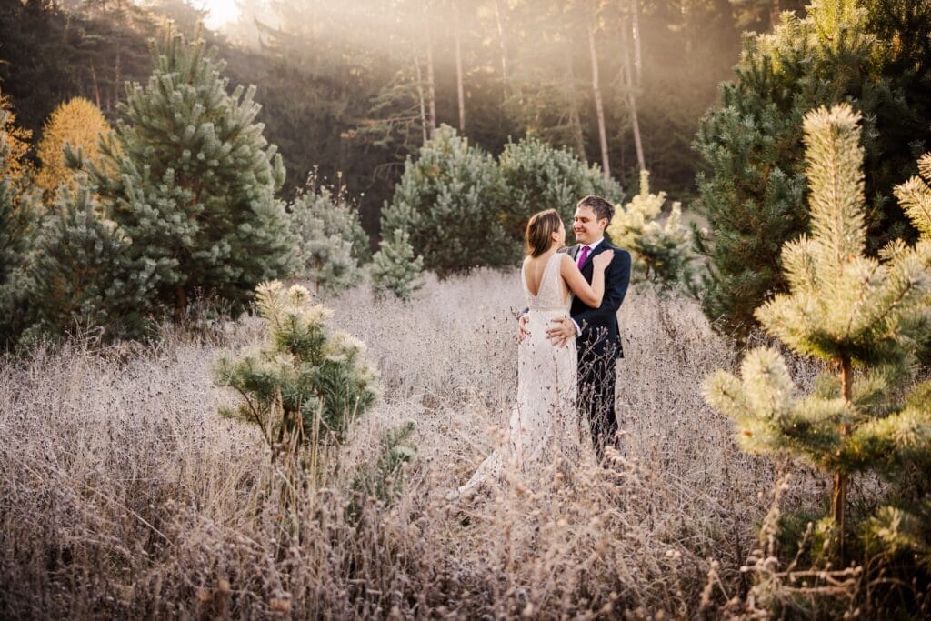 Couple embracing in a sunlit meadow surrounded by evergreen trees during an intimate Eugene Oregon elopement.