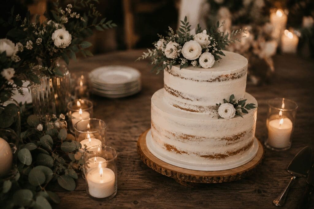 Wedding cake and reception details at a Pacific Northwest micro wedding celebration