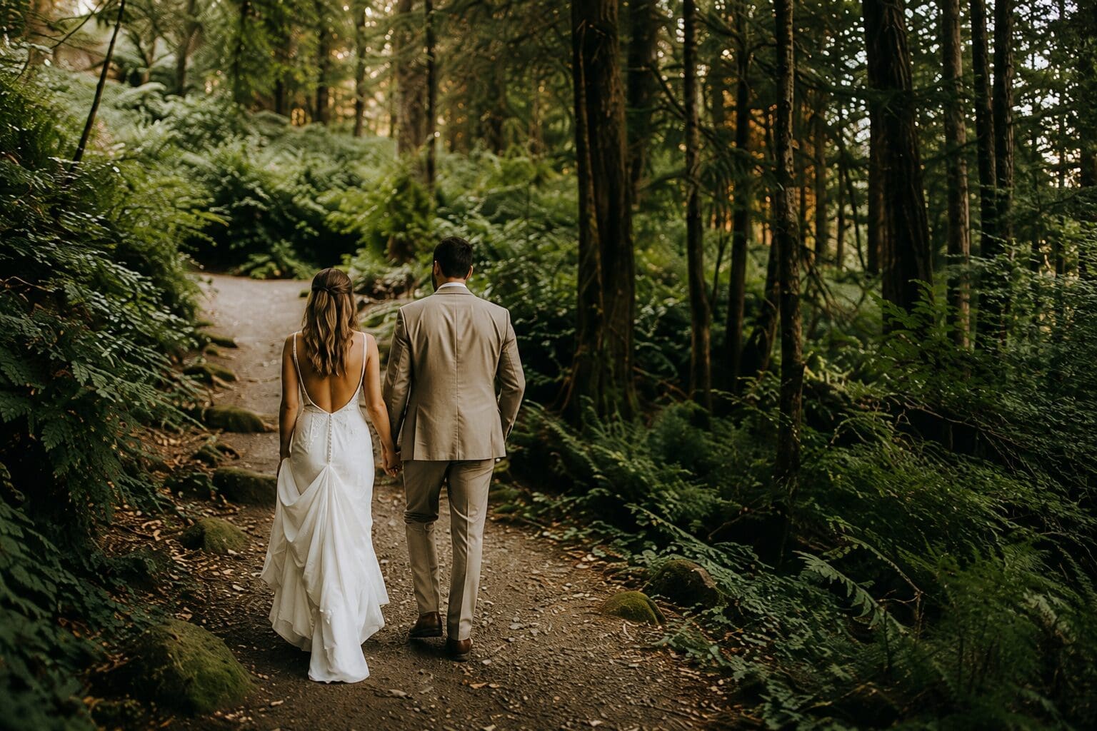 Couple walking through a forest trail during a Pacific Northwest elopement day
