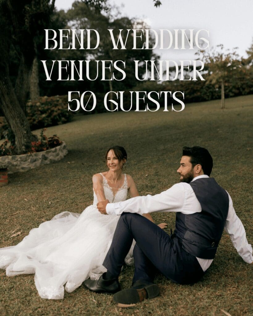 Bride and groom relaxing on the lawn after their ceremony at one of the best Bend wedding venues under 50 guests.