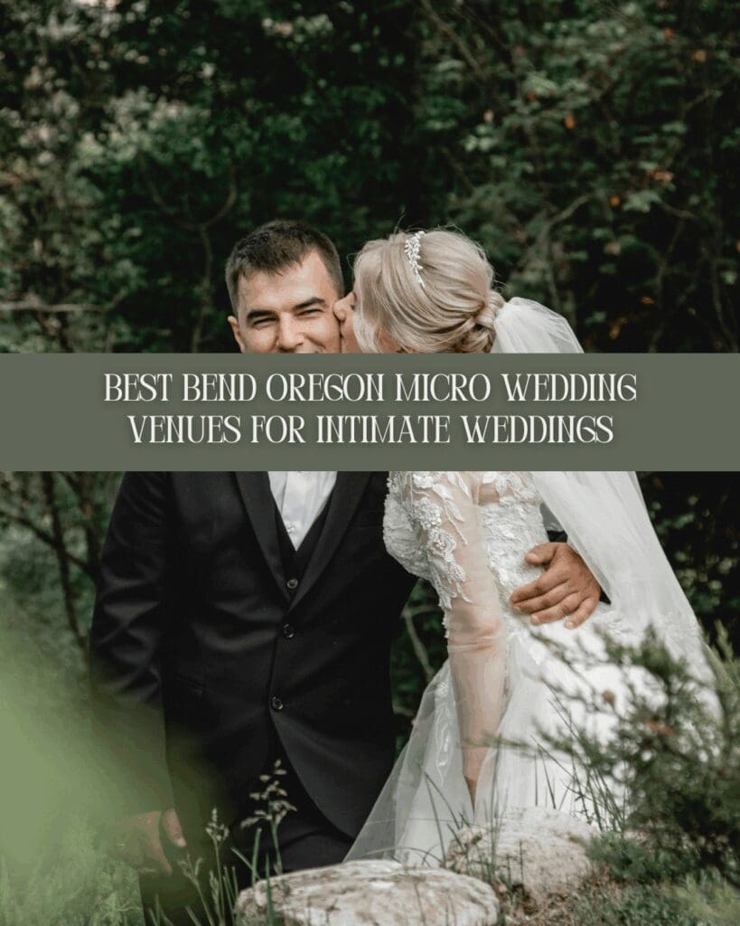 Newly married couple sharing a joyful moment at one of the best Bend Oregon micro wedding venues surrounded by forest scenery.