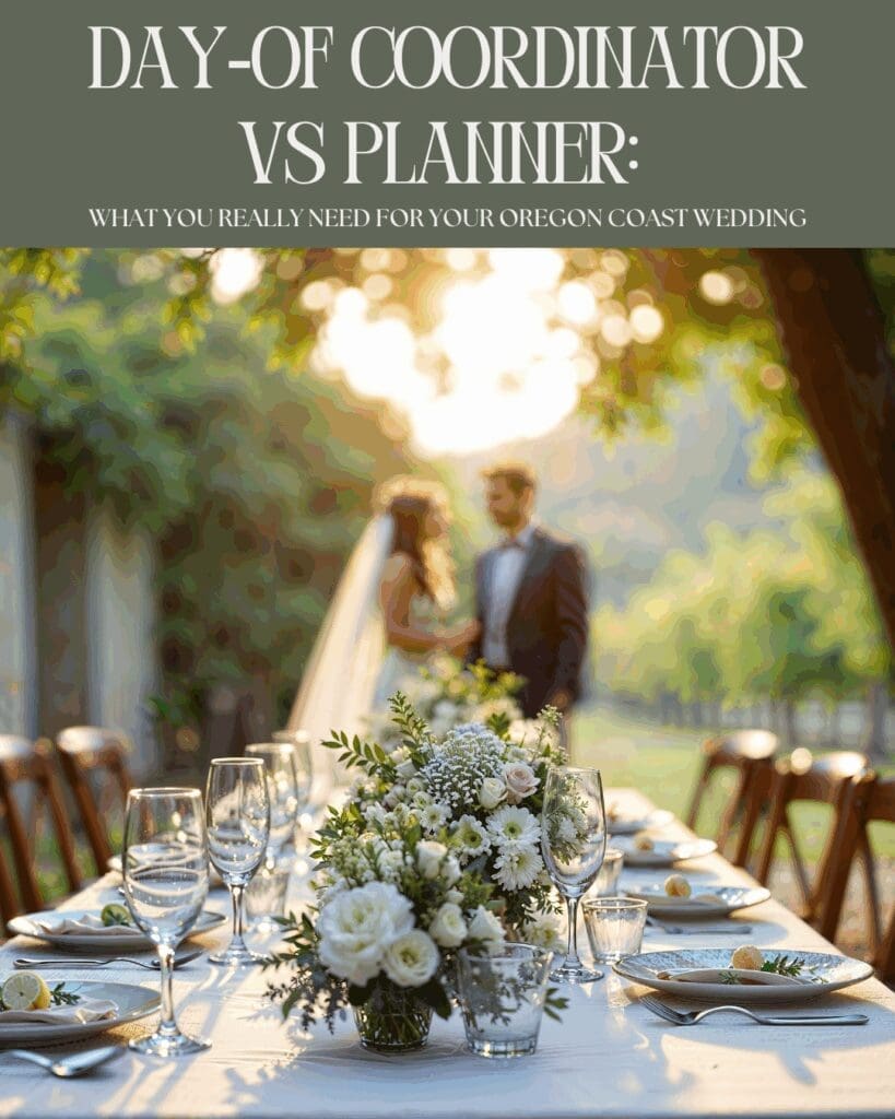 Elegant outdoor reception table styled with florals and glassware, with a couple blurred in the background and overlay text ‘Day-of coordinator vs planner: what you really need for your Oregon Coast wedding,’ showing the difference in planning support.