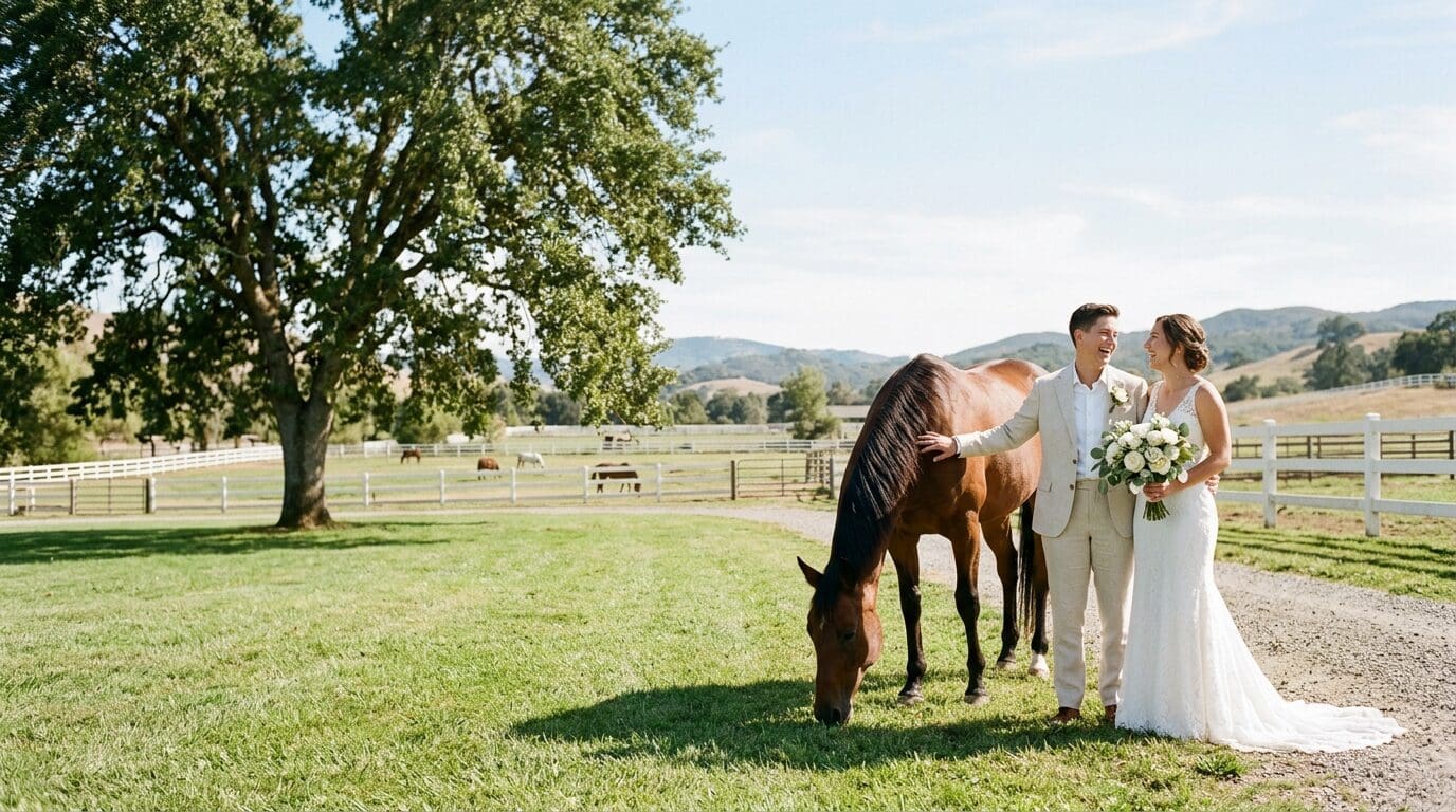 Newlyweds standing with a horse on a scenic ranch in Bend, Oregon, perfect for an intimate Central Oregon wedding.