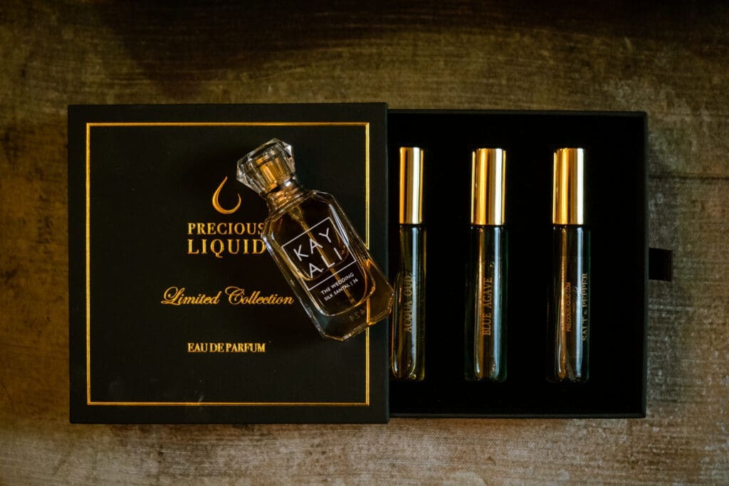 Kayali perfume gift set among the bride's getting-ready details at The Foundry