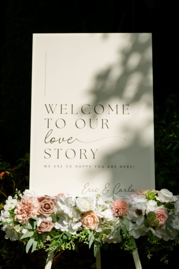 Welcome to our love story sign for Eric and Carla framed by roses at their Lake Oswego wedding