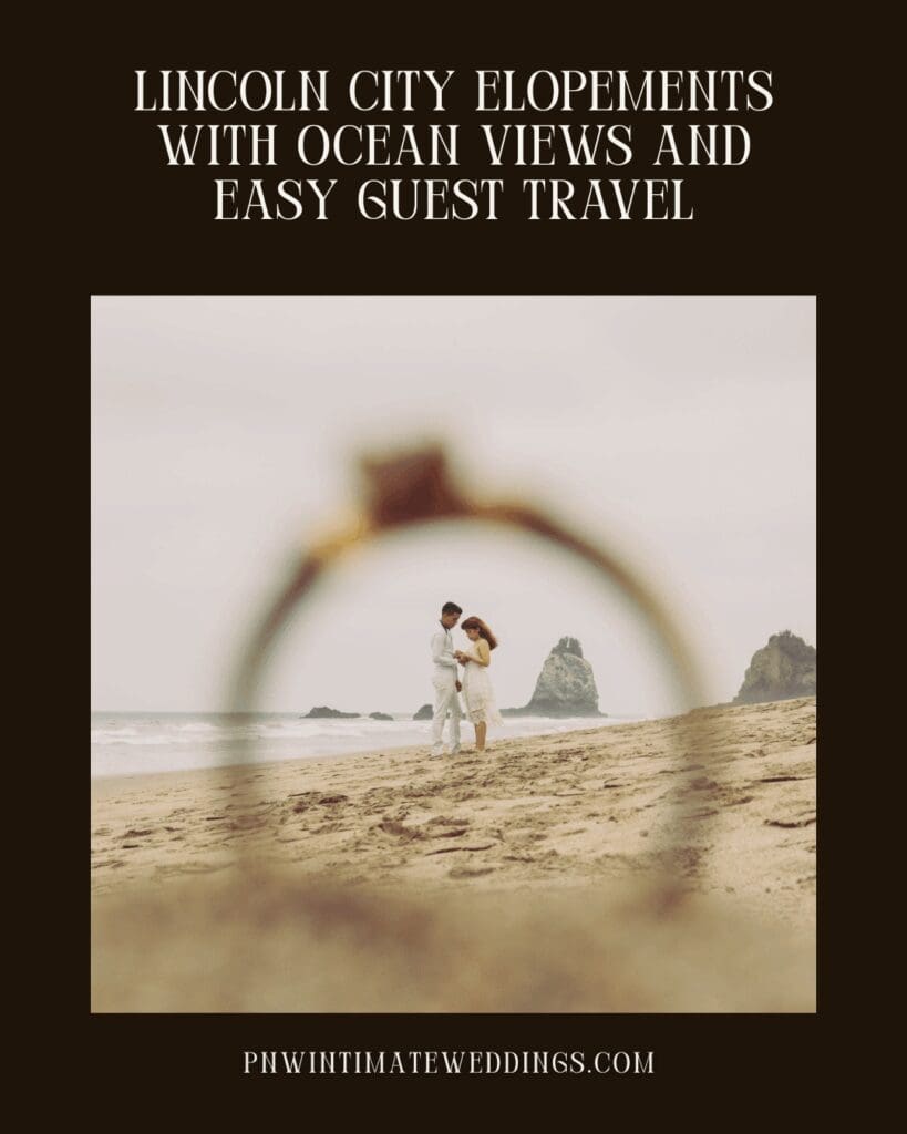 Couple standing on an Oregon Coast beach, viewed through wedding rings, promoting Lincoln City elopements.