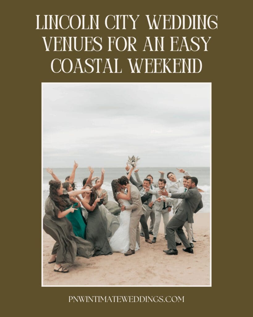 Newlywed couple celebrating with their wedding party on a beach in Lincoln City, Oregon.