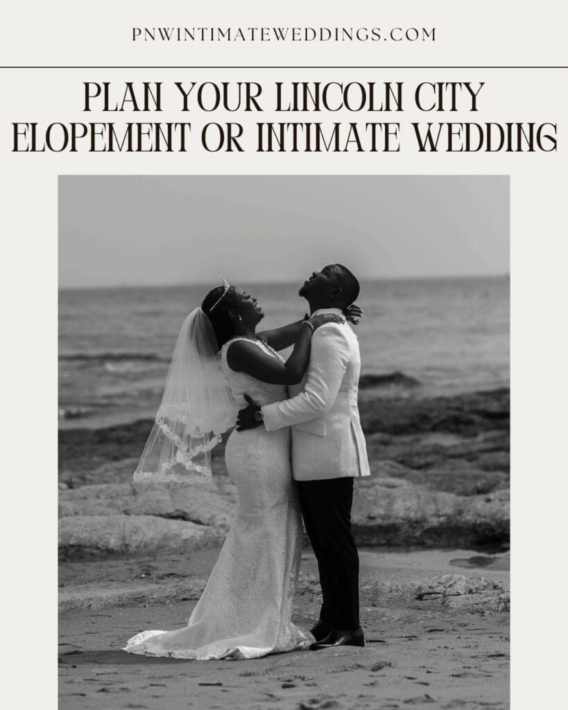 Newlywed couple embracing on the beach during an intimate Lincoln City elopement.