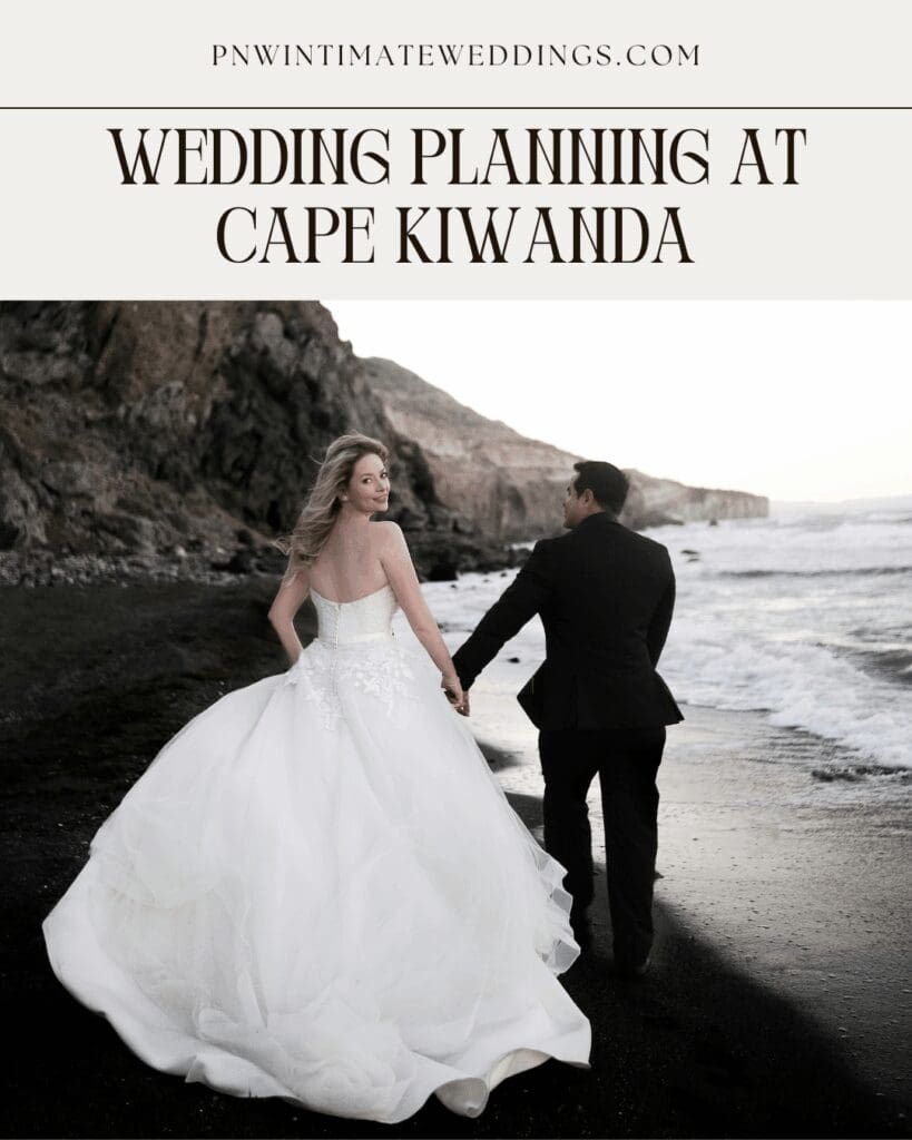 Newlywed couple walking along the beach near Cape Kiwanda on the Oregon Coast