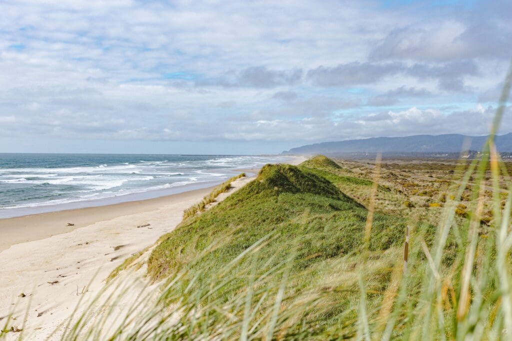 Wide sandy beach, grassy dunes, and ocean views along the Lincoln City coastline in Oregon.