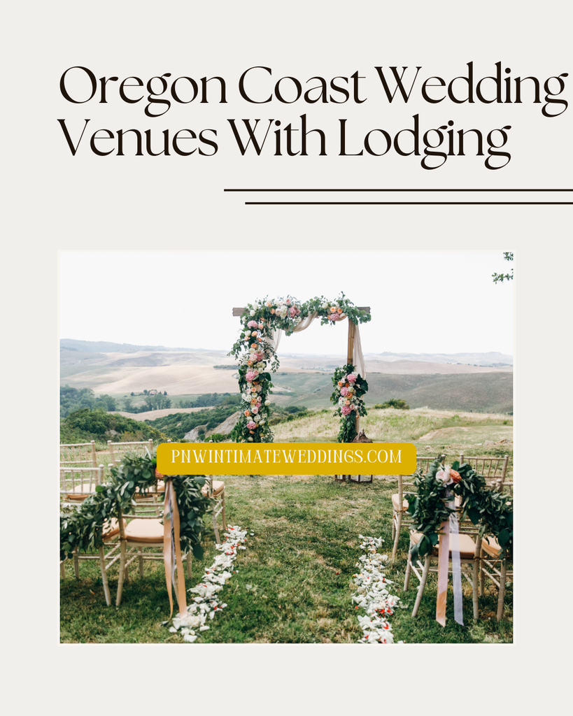 Floral wedding ceremony arch and chairs overlooking rolling hills for Oregon Coast wedding venues with lodging.