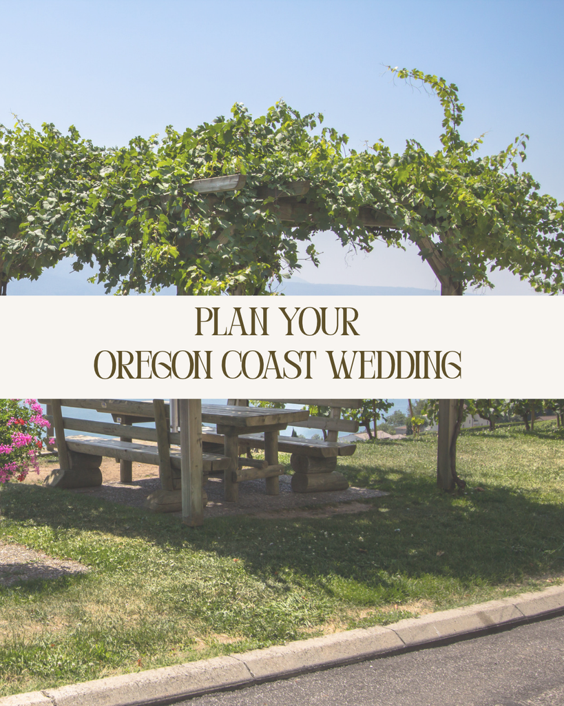 Outdoor wooden pergola and picnic table at a scenic Oregon Coast wedding location.