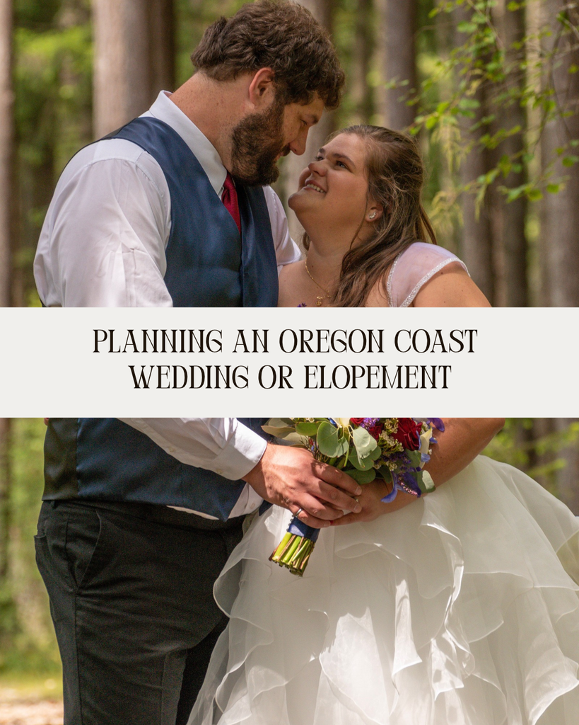 Planning an Oregon Coast wedding or elopement graphic featuring a couple holding hands in a forest setting