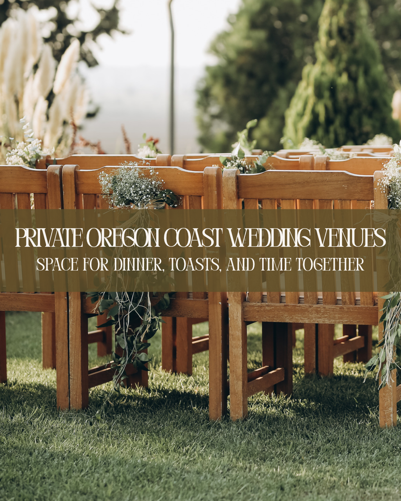 Wooden wedding ceremony chairs with greenery and white flowers at a private Oregon Coast wedding venue.