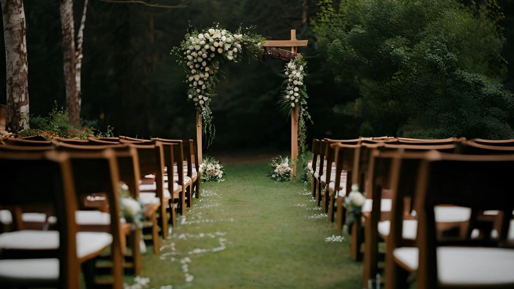 Private forest wedding ceremony with wooden chairs and a floral arch for an intimate Oregon Coast micro wedding.