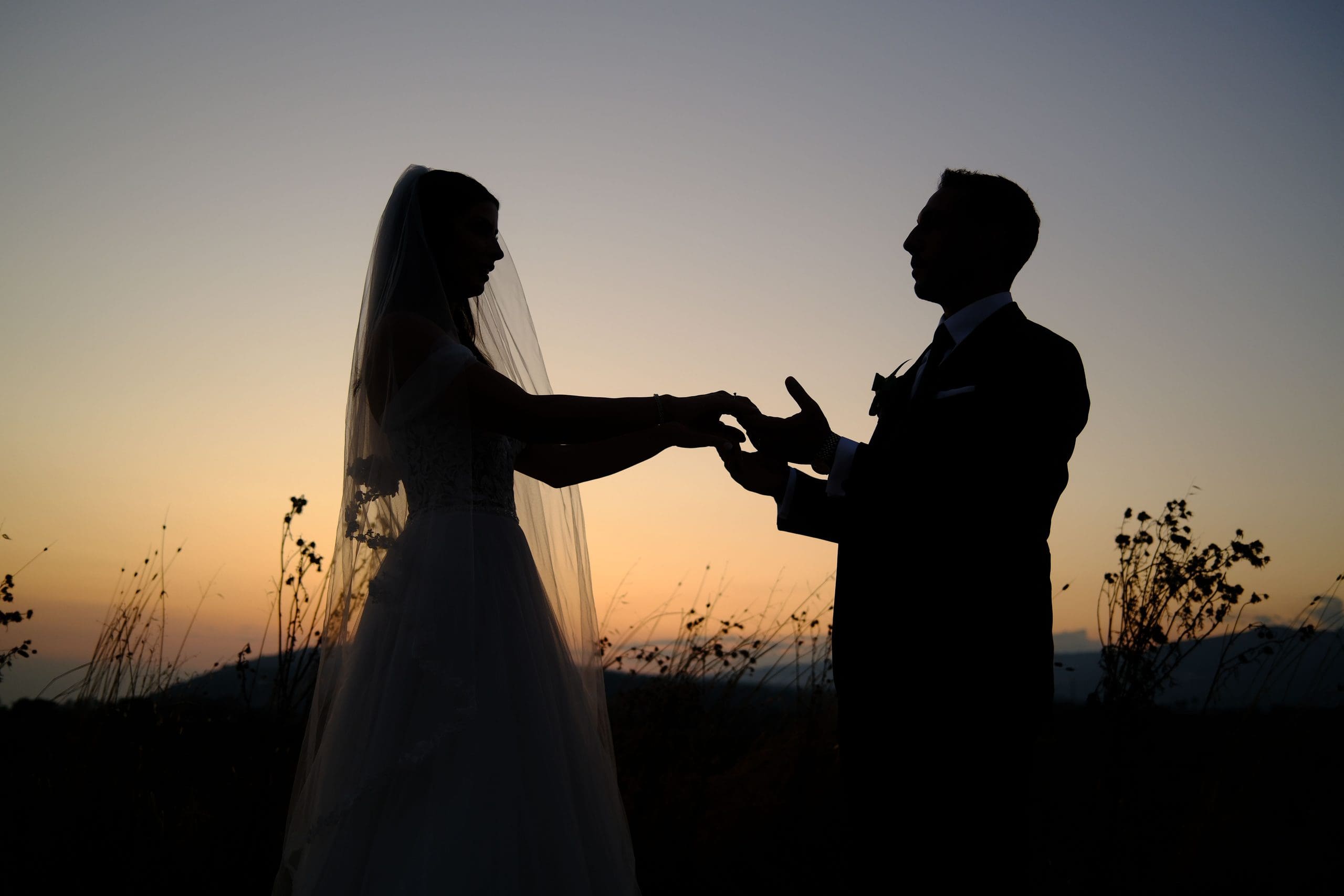 Couple holding hands during an intimate sunset wedding ceremony