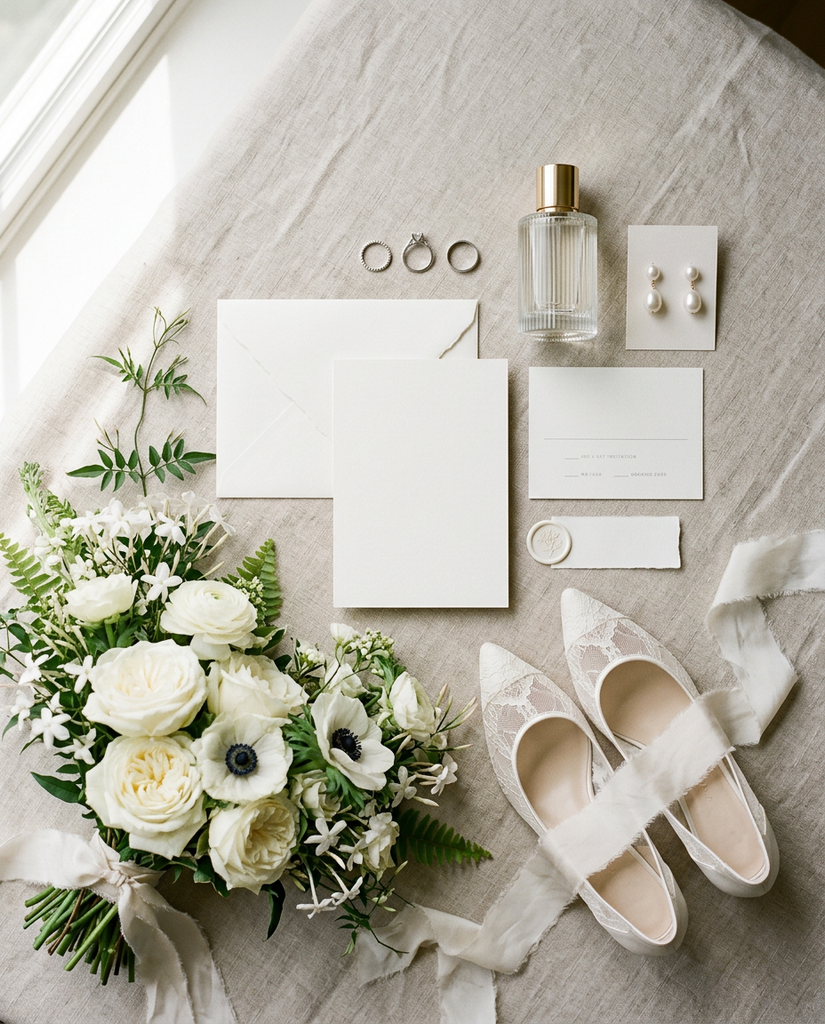 Bridal wedding details with white flowers, lace shoes, rings, earrings, and stationery for a Yachats Oregon wedding