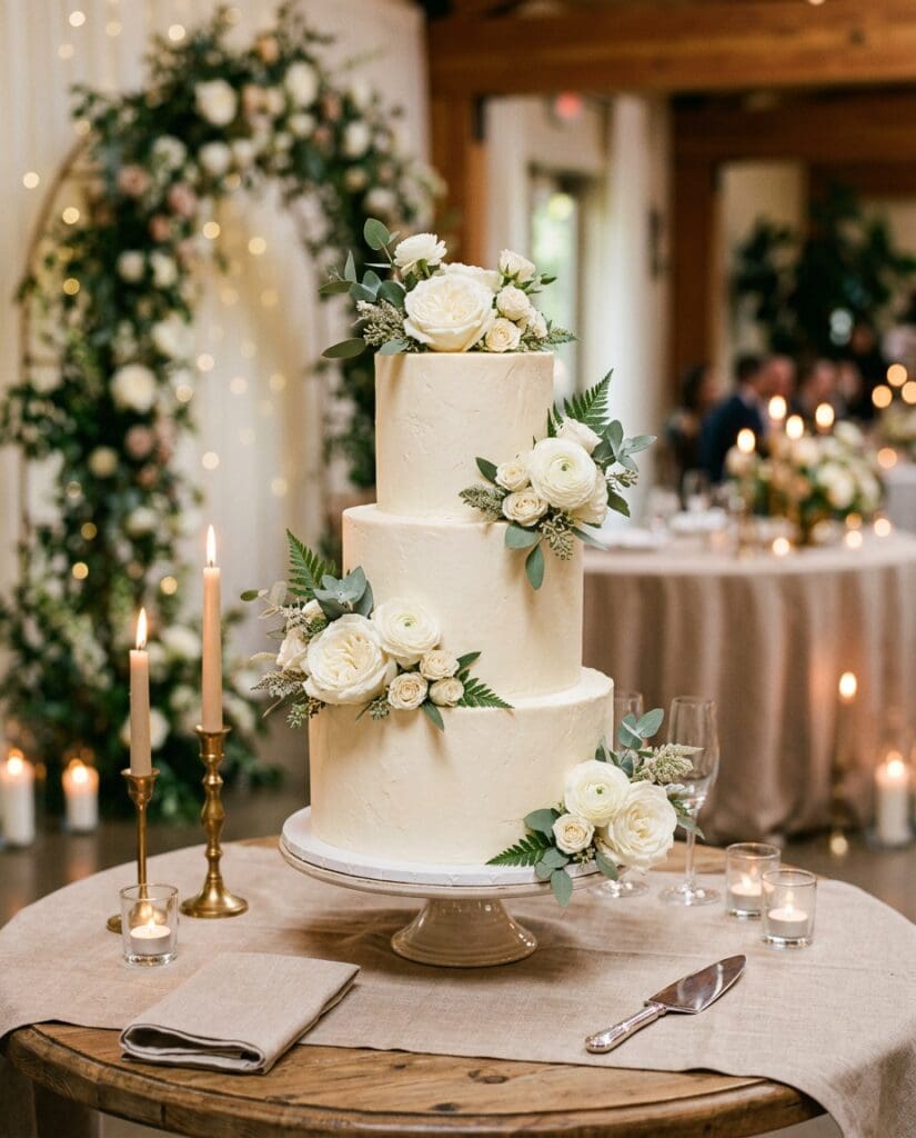 Three-tier ivory wedding cake decorated with white flowers and greenery at an intimate Oregon Coast wedding reception
