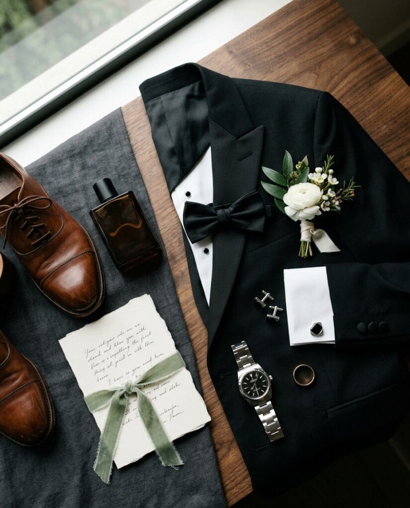 Groom wedding details with a black tuxedo, boutonniere, wedding band, watch, shoes, and handwritten vows