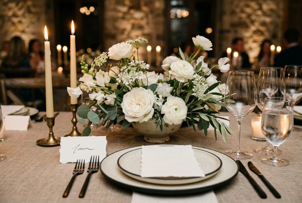 Elegant wedding reception table with white florals, taper candles, and place settings for a Yachats Oregon wedding